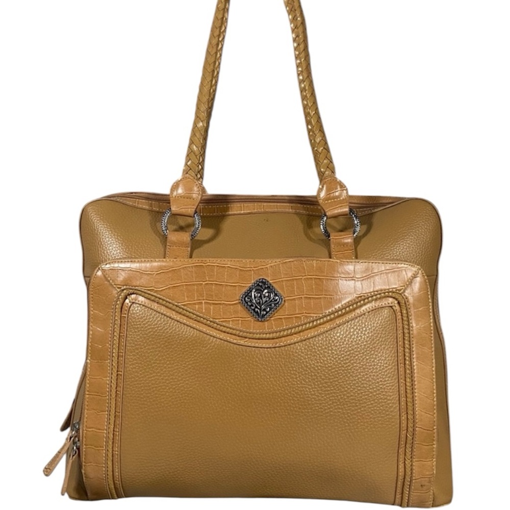 Coldwater Creek Faux Camel Leather Shoulder Tote Briefcase Document Bag Purse
